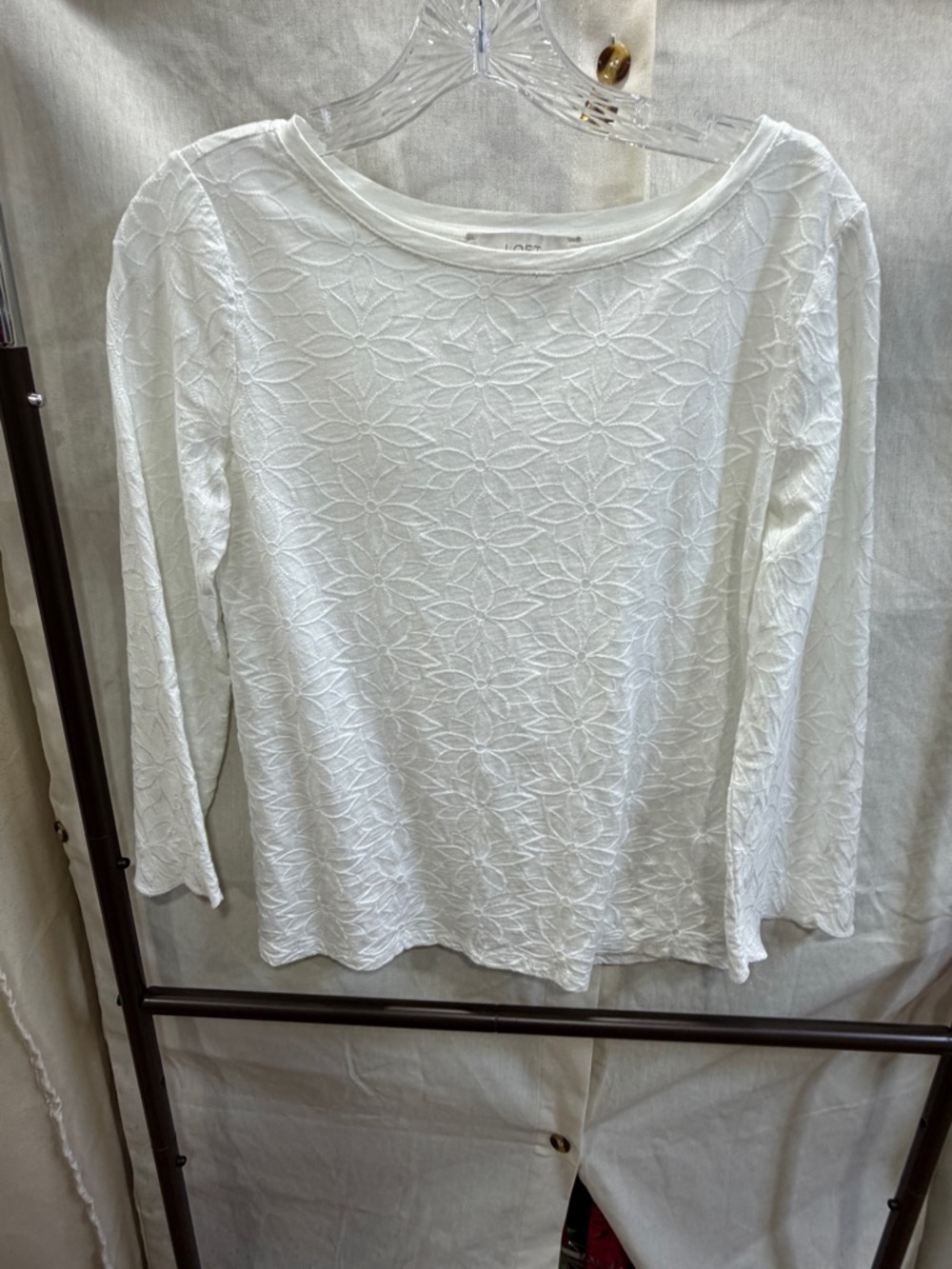 LOFT White Floral Lace-Texture Long Sleeve Top